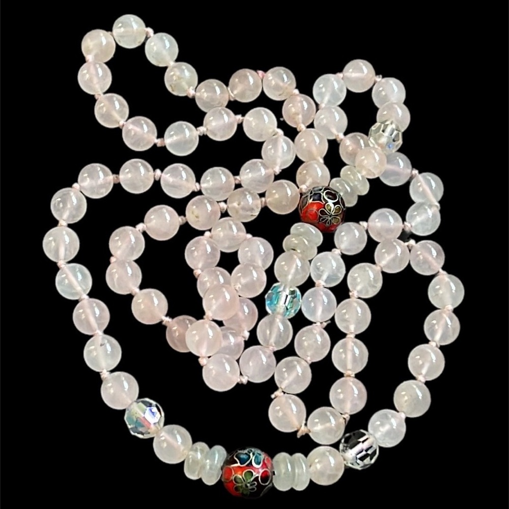Pink Rose Quartz Beaded Necklace w Cloisonne & Aurora Borealis Accent Be…